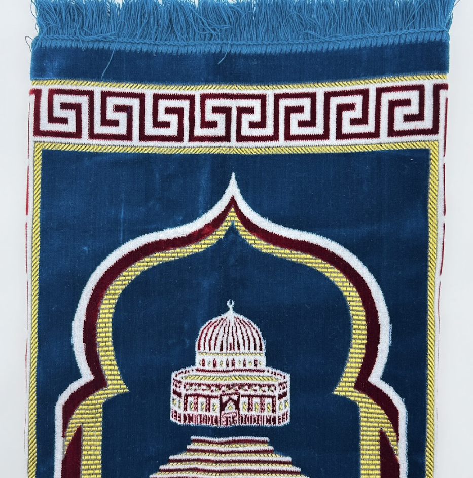 Adult Blue Islamic Prayer Mat – Mosque Motif & Red Greek Border Design