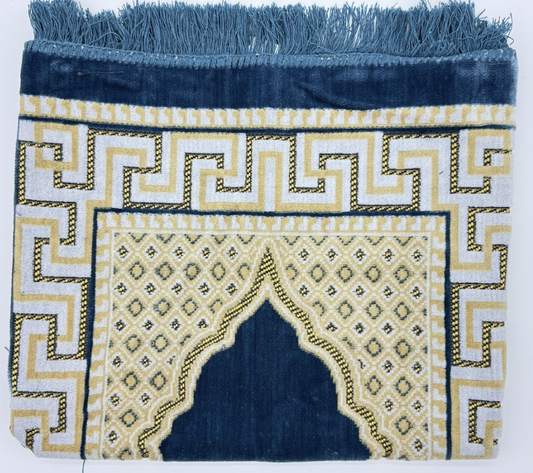 Deluxe Adult Blue & Gold Islamic Prayer Mat – Mihrab Design Sajjadah