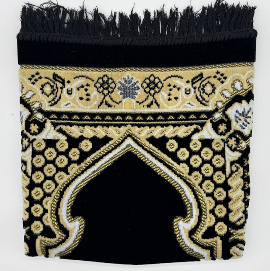 Deluxe Adult Black & Gold Islamic Prayer Mat – Floral Arch Sajjadah