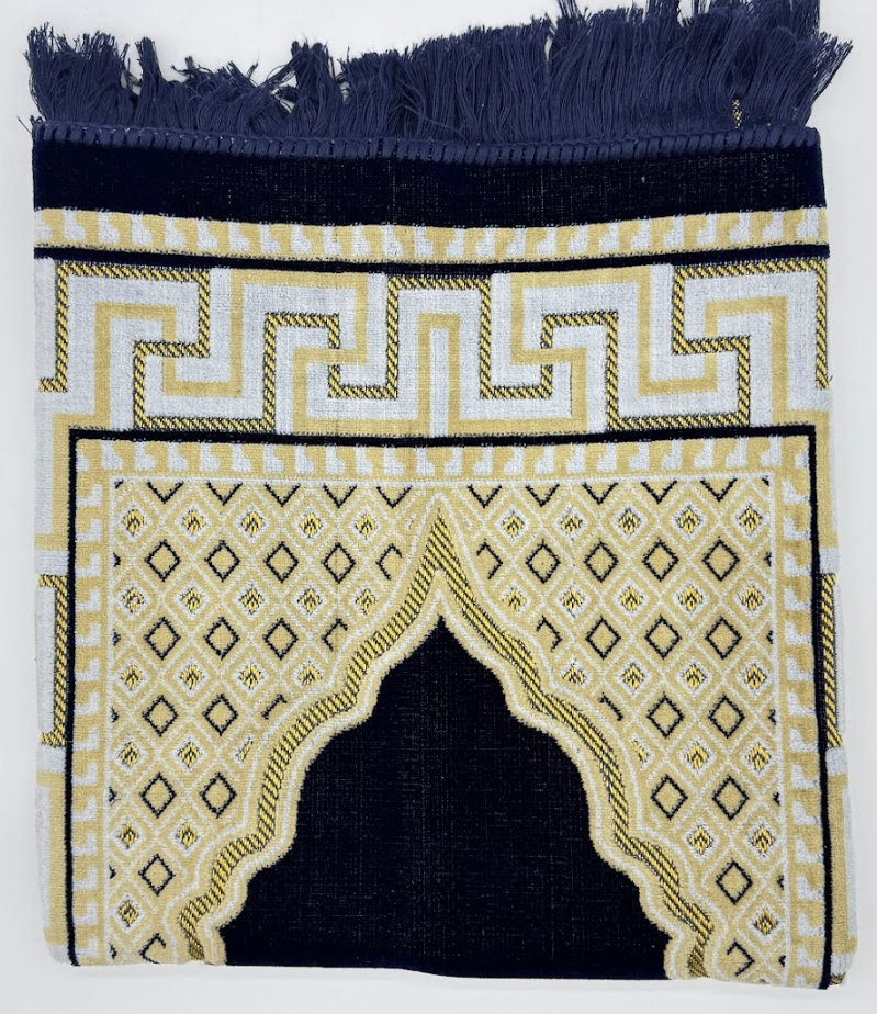 Adult Dark Blue Islamic Prayer Mat – Mosque Motif & Gold Greek Border Design