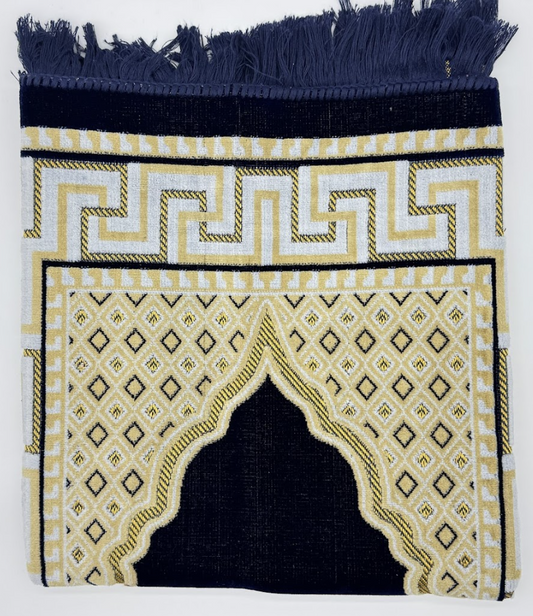 Adult Dark Blue Islamic Prayer Mat – Mosque Motif & Gold Greek Border Design